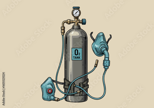 Vintage Illustration of Oxygen Tank with Two Masks and Pressure Gauge.
