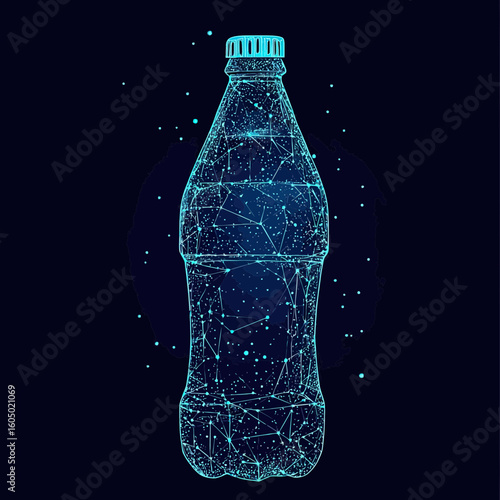 Low poly digital soda bottle composed of glowing blue polygonal lines, dots, and shapes on dark background, futuristic beverage packaging concept vector illustration