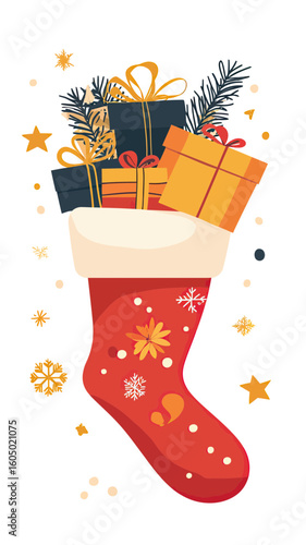 Christmas stocking filled with wrapped gift boxes and pine branches festive holiday illustration with snowflake and star decorations in flat minimalist style