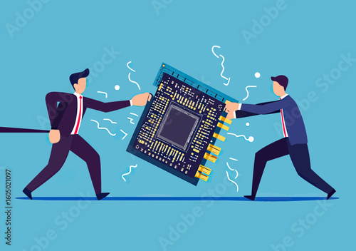 Businessmen tug of war over large computer chip symbolizing semiconductor supply chain struggle and electronics market competition concept in flat vector style