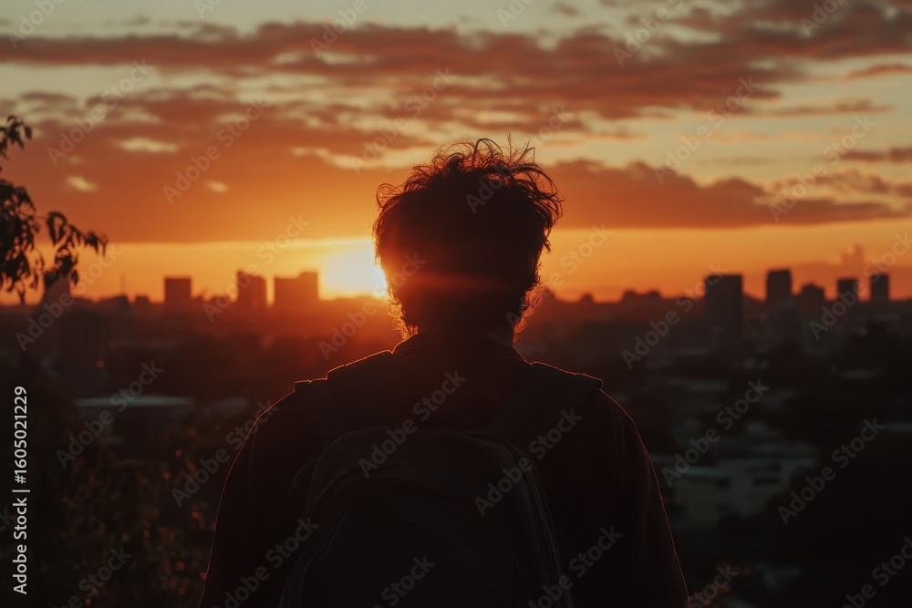 Fototapeta premium Witnessing a beautiful timelapse of sunrise over the city skyline with silhouette of a person, timelapse of a sunrise