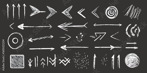 Hand drawn chalk style arrows and abstract scribbles set with grunge texture in white on dark background for design and decoration elements vector illustration