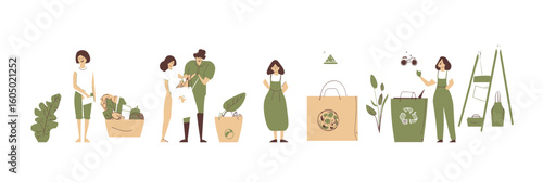 People engaging in eco friendly recycling activities with plants reusable bags and sorting waste in minimalist flat design vector illustration for sustainability and responsible lifestyle