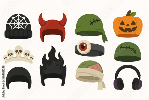 Set of Halloween Hat Icons in Flat Vector Style