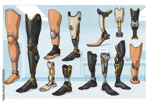Assortment of Advanced Prosthetic Legs: Carbon Fiber Beige and Black Designs.