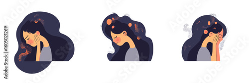 Emotional burnout syndrome illustration set with three female characters showing stress fatigue frustration and sadness in flat minimalist style vector