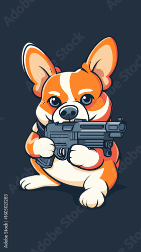 Corgi dog holding black handgun cartoon illustration in flat minimalist style isolated on dark background with serious expression and raised ears