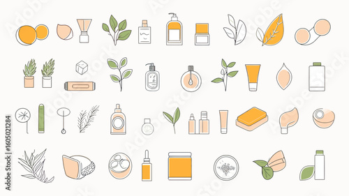Flat minimalist vector collection of organic cosmetic product icons including bottles, leaves, tubes, jars, and eco-friendly beauty elements in soft pastel colors