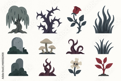 Set of Halloween Graveyard Plant Icons in Flat Vector Style