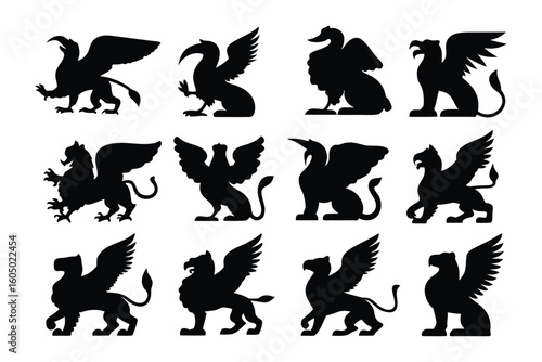 Collection of silhouetted mythical sea serpent and dragon creatures with varied head and body poses