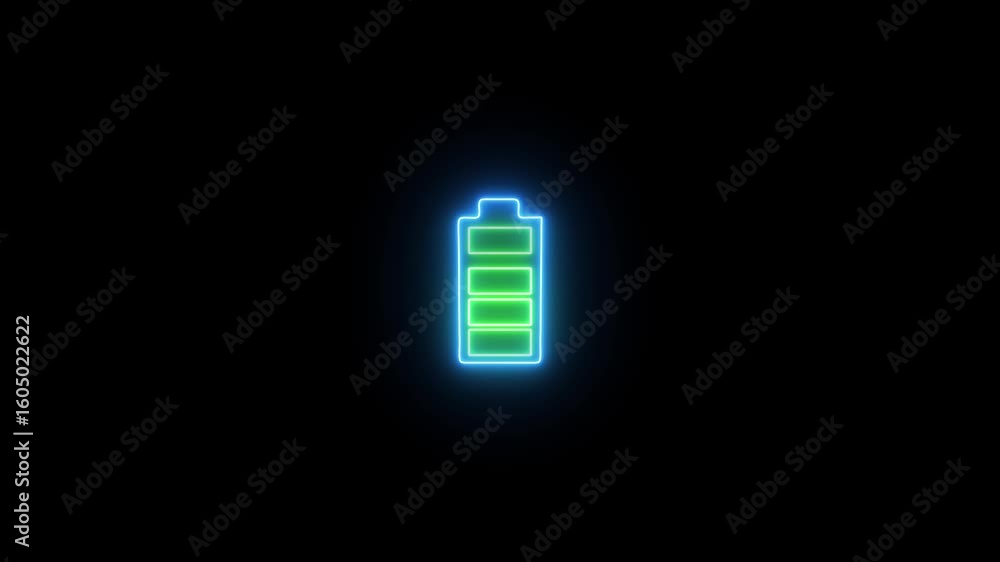 Neon battery fast charging animation. Shiny flash animated battery icon on black background. Neon battery fast charging animation. Shiny flash animated battery icon on black background.