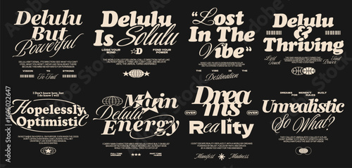 Dreamcore vaporwave streetwear quote for t-shirt & print. Minimal urban typography streetwear design set, Inspiring quotes vector. Bold streetwear graphic tee for print, Motivational quotes design set