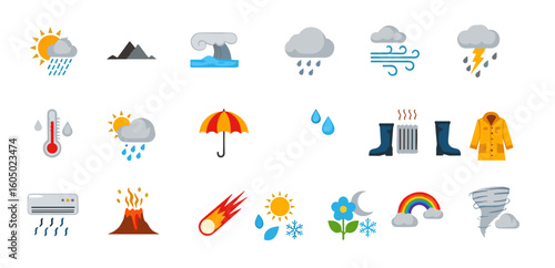Weather icons set in colorful flat design style  