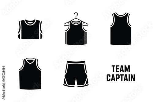 Black basketball jersey and shorts silhouette with team captain text apparel