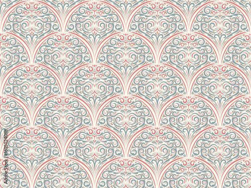 seamless pattern fwith shell haped elements and swirls. Damask ornate background for wallpaper, textiles, stationery in Art Nouveau style