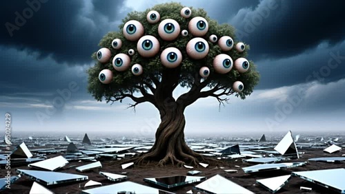 Eyes blink and follow the camera as the tree subtly twists and mirror pieces shift around