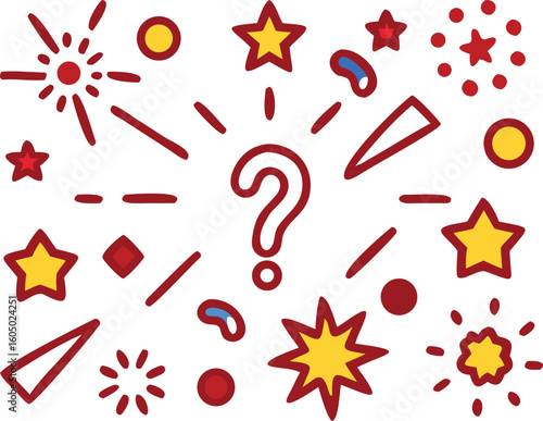 Red yellow and blue graphic elements with question mark and stars abstract background
