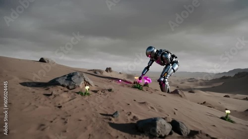 A humanoid robot planting glowing flowers in the desert, dystopian surreal scene, muted palette