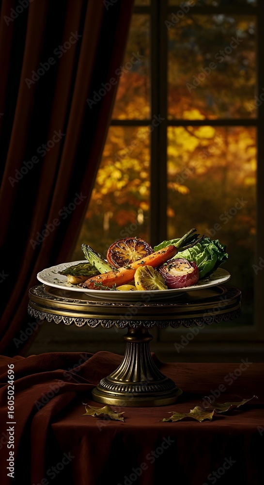 Naklejka premium Gilded roasted autumn veggie still life with chiaroscuro glow and velvet drapes — regal, painterly setup perfect for editorial or seasonal content.