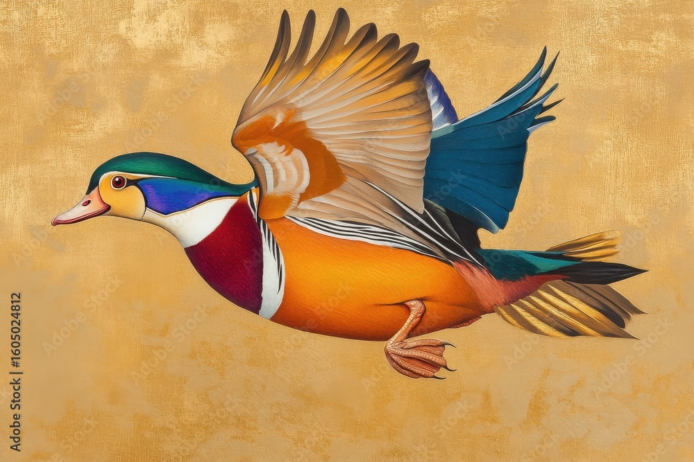 Fototapeta premium Vibrant mandarin duck in flight showcasing stunning plumage and graceful wings, Mandarin duck (Aix galericulata)