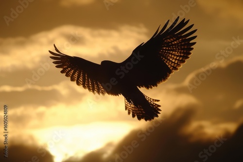 Common buzzard soaring in a dramatic sky during sunset hours with clouds, Common buzzard buteo buteo flying in the sky Slow motion