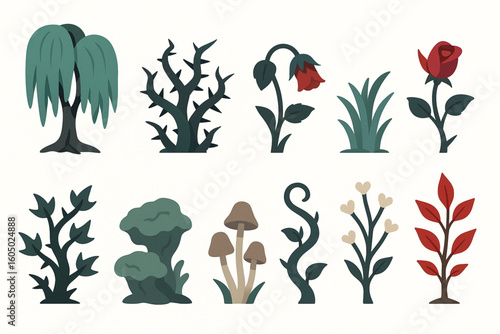 Set of Halloween Graveyard Plant Icons in Flat Vector Style
