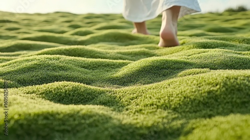 Fototapeta Naklejka Na Ścianę i Meble -  Bare feet walk across green moss ground. Person in white garment walking. Gentle sunlight on the grass surface with many green hills.