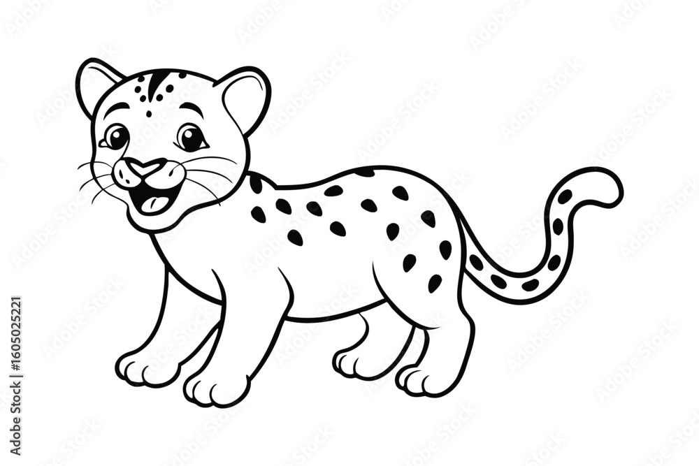 Fototapeta premium Laughing Baby Leopard Cub Cartoon Vector Line Art