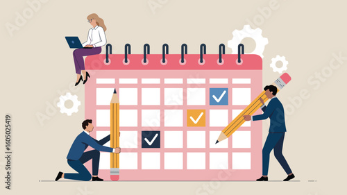 Business team scheduling tasks and deadlines on calendar for effective project management