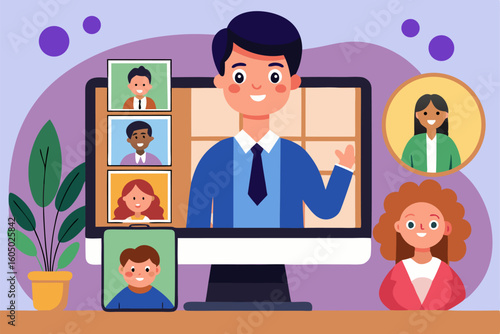 Lekcje online. Nauczyciel i uczniowie podczas wideokonferencji, koncepcja e-learningu i nauki zdalnej.