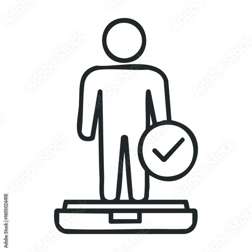 Icon of person standing on scale with checkmark symbol for weight check success. Vector illustration