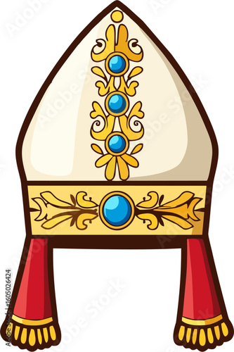 Cartoon Bishop Mitre – Simple Religious Hat with Blue Jewels, Gold Embroidery, and Red Tassels