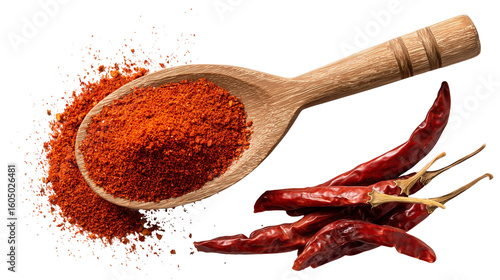 Top view of Close up of red chili powder in a wooden spoon with dried red chilies on a transparent background image