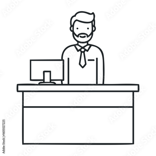 Cartoon illustration of businessman at desk with computer monitor. Vector illustration