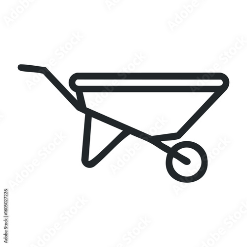 Simple black wheelbarrow icon for construction and landscaping. Vector illustration