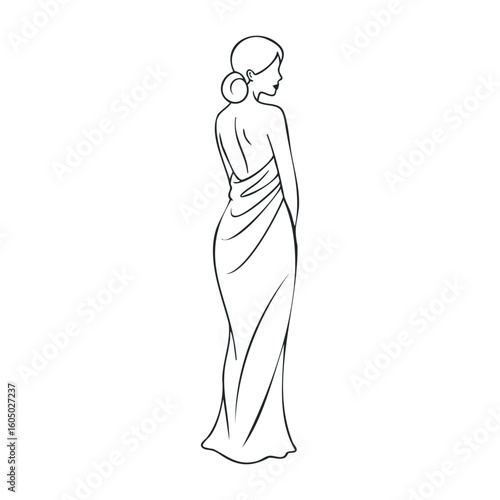 Elegant line drawing of caucasian female in draped gown, rear view, minimalist style sketch. Vector illustration