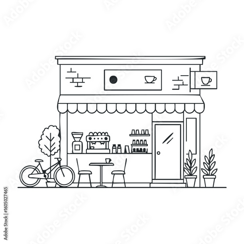 Minimalistic line art of a cozy coffee shop with bicycle and outdoor seating. Vector illustration