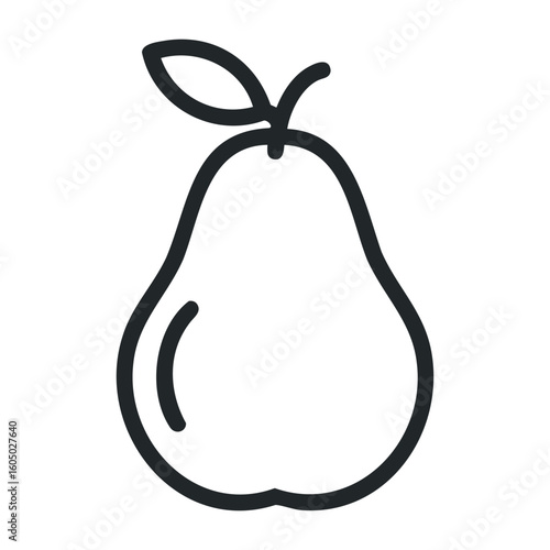 Minimalistic black and white outline of pear fruit with leaf. Vector illustration