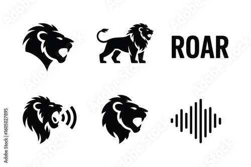 Lion head roaring sound wave and text audio graphic