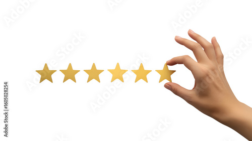 Hand adding gold star to five-star rating; abstract striped background;  customer satisfaction concept; premium quality; business success.