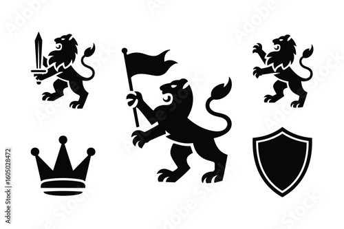 Lion with sword flag and crown silhouette vector