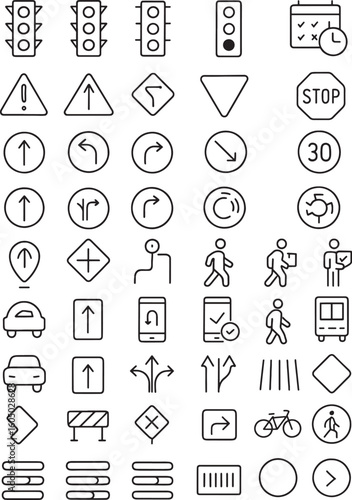 Collection of Road and Traffic Sign Icons Line Art Depicting Transportation Regulations and Urban Navigation Elements for Design Projects