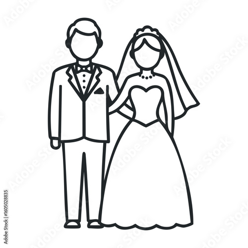Wedding couple outline drawing in formal attire with bride and groom. Vector illustration