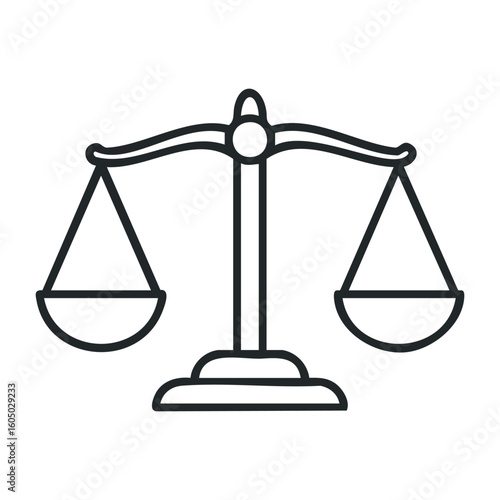 Balanced scales of justice icon depicting equality and fairness in a simple line design. Vector illustration