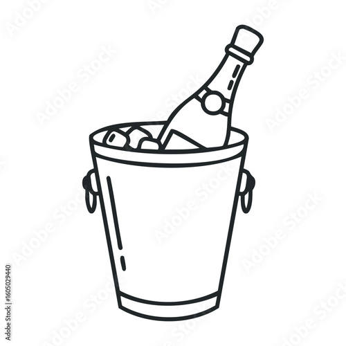 Champagne bottle in ice bucket outline black and white drawing. Vector illustration