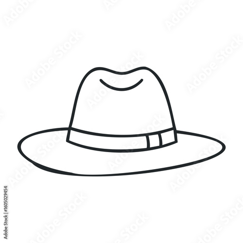 Simple outline of a wide-brimmed fedora hat with ribbon detailing. Vector illustration
