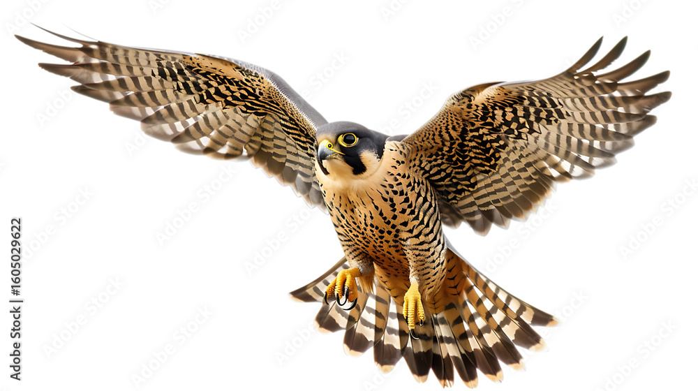 Fototapeta premium Peregrine falcon soaring with wings spread wide, showcasing its detailed plumage and sharp talons in flight isolated with white background