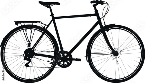 A simple, clean silhouette of a modern, commuter-style bicycle against a pure white background.