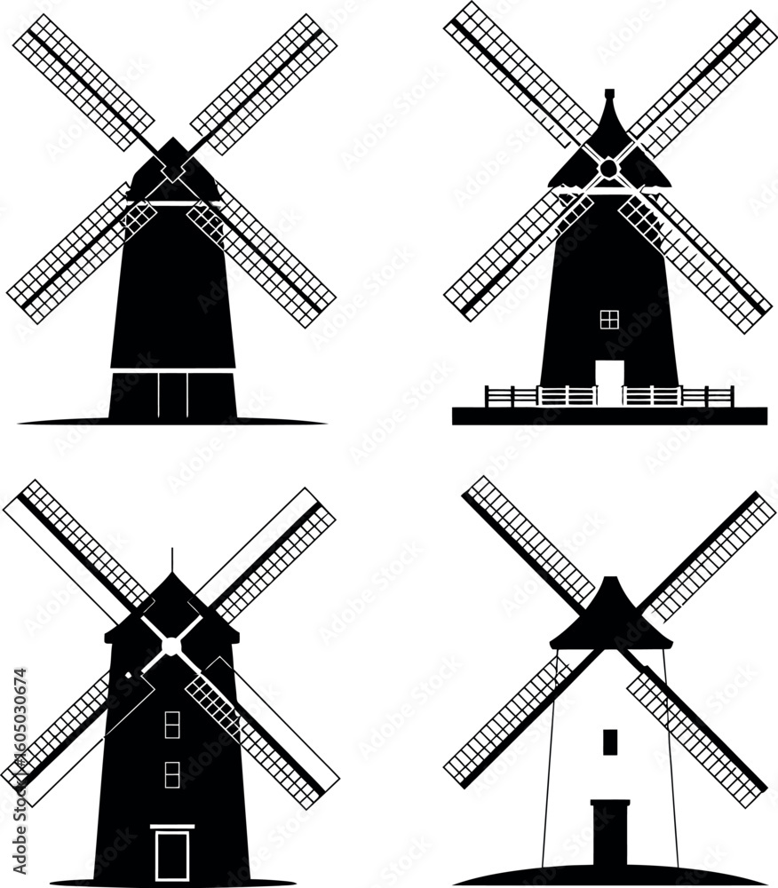 Fototapeta premium Four black silhouette windmills with white backgrounds and detailed sails vector 1
