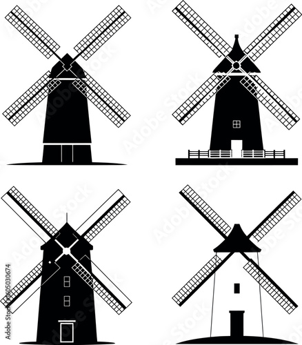 Four black silhouette windmills with white backgrounds and detailed sails vector 1